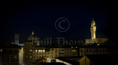 The main structure visible on the Florence skyline at Night are Giotto's Bell Tower, the Duomo and the Palazzo Vecchio
